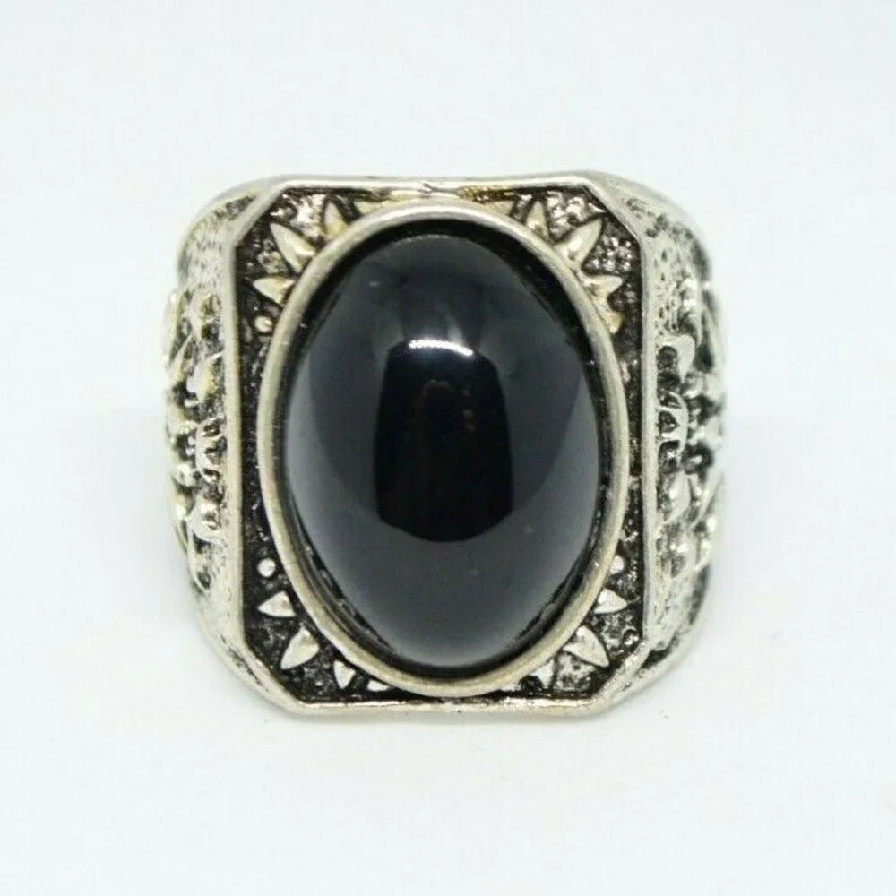 Black Glass Rhinestone Silver Tone Oval Statement
